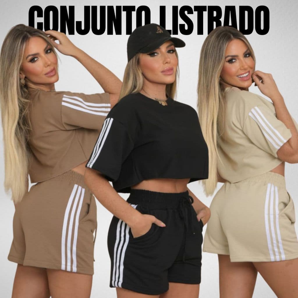 Conjunto Feminino com Listras Shorts Moletom e Cropped Blusa Blusinha Moletinho Listrado
