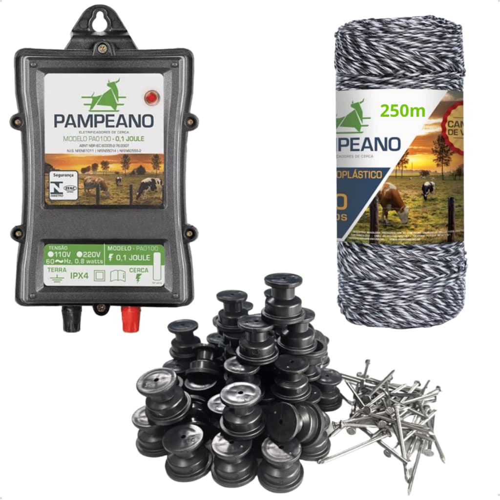 Kit Central Aparelho De Choque Eletrificador De Cerca Elétrica Rural + Fio 250m +100 Isoladores