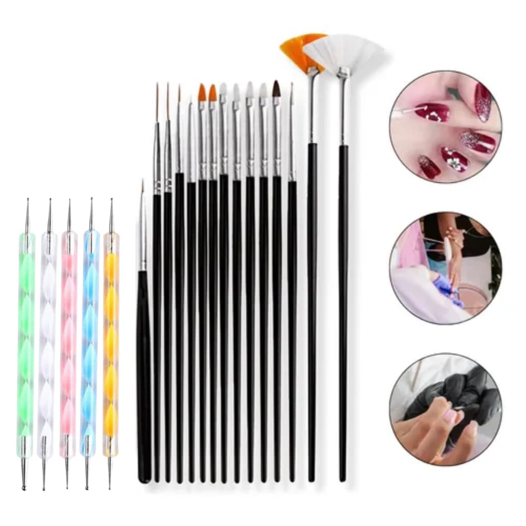 Kit 15 Pincéis + 10 Boleadores Em 5 Pincéis Manicure Desenho