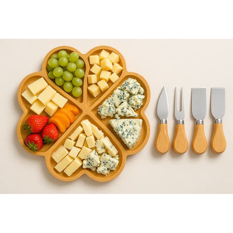 Kit Petisqueira Coração 4 Divisórias + Jogo de 4 Utensílios para Queijo