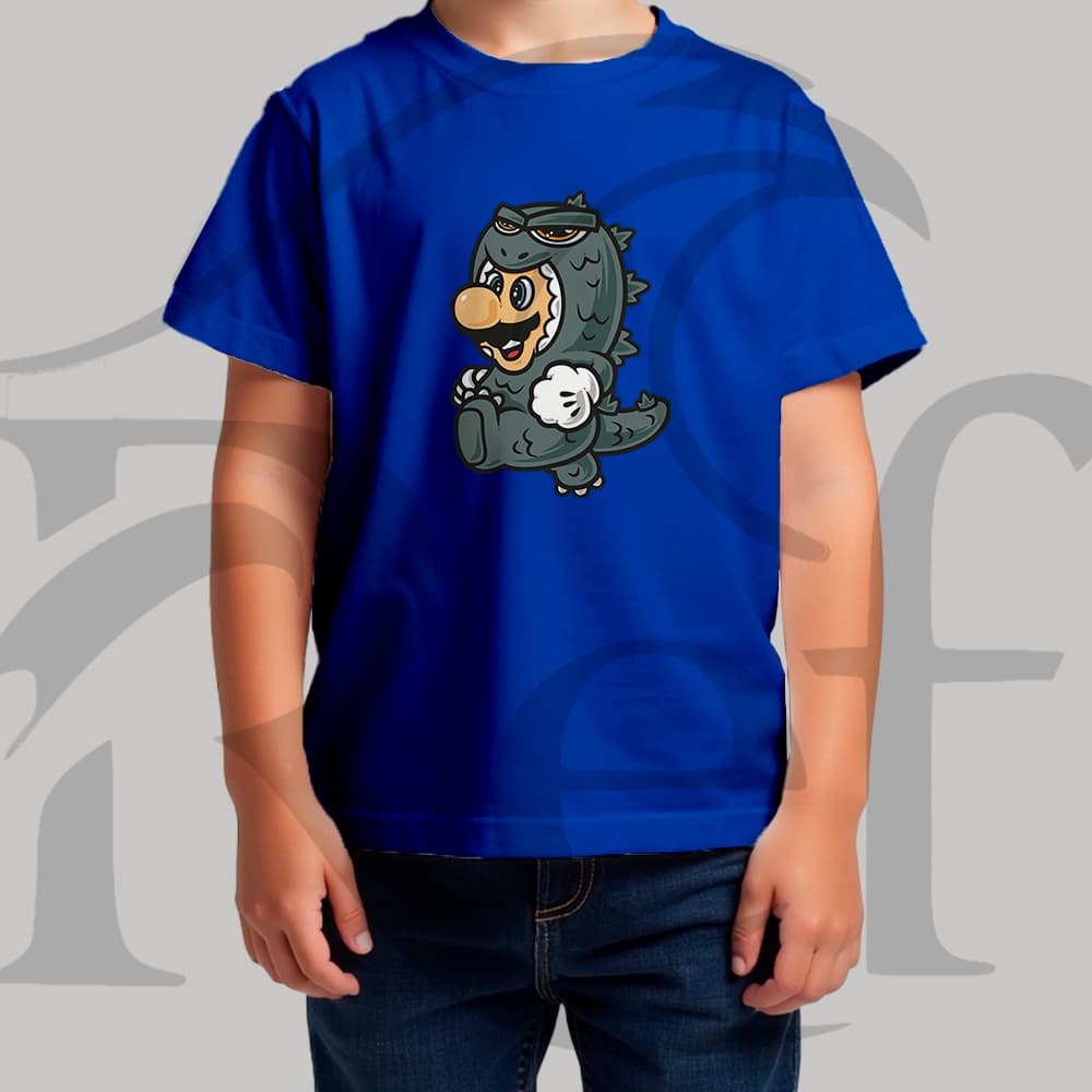 Camiseta Camisa Infantil Masculina Streetwear Mário Fantasia Godzilla 022 Malha Algodão Premium