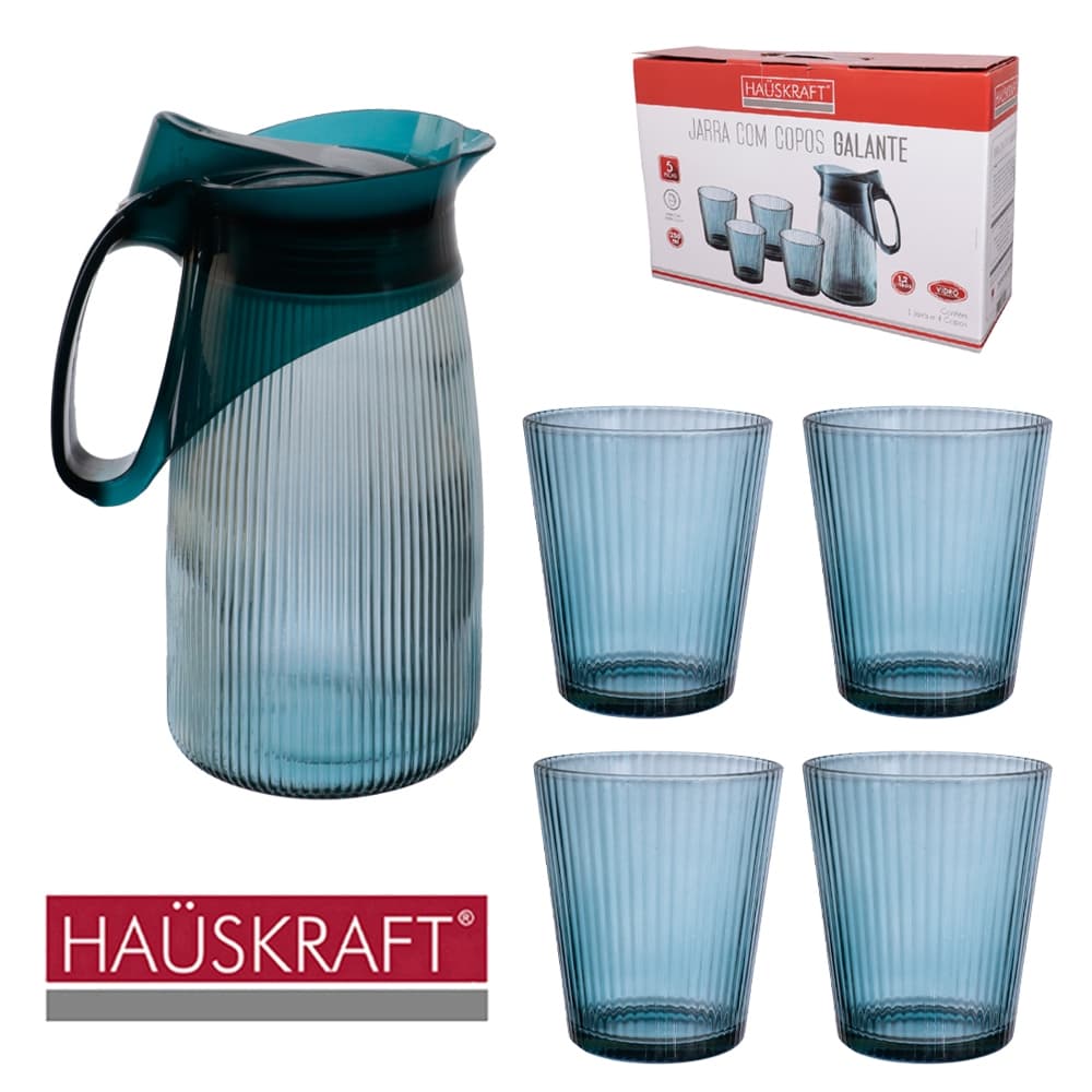 Jarra de Vidro 1,2L com Tampa + 4 Copos 250ml Galante Hauskraft – Conjunto Elegante