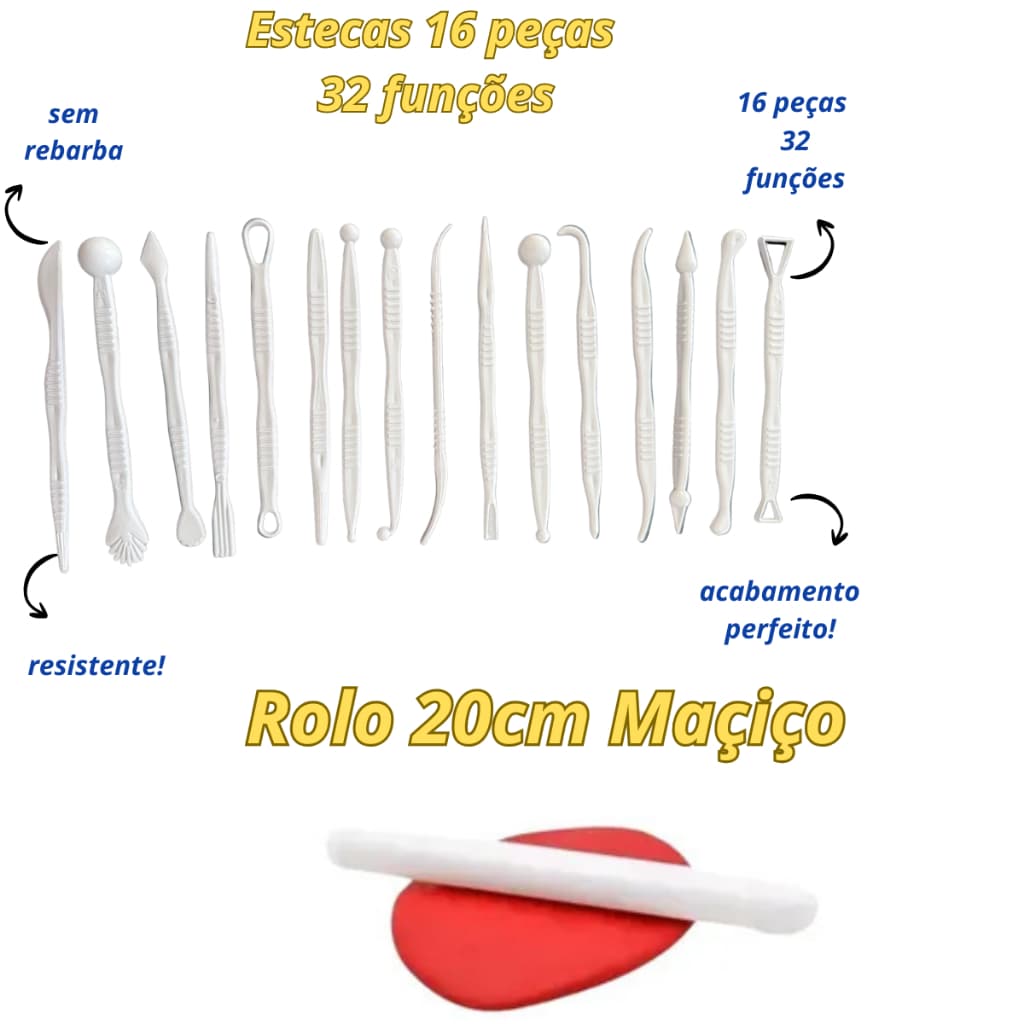 Kit 16 Estecas ( 32 funções) + Rolo  - Ferramentas para Biscuit , Argila , Pasta Americana Artesanato Completo