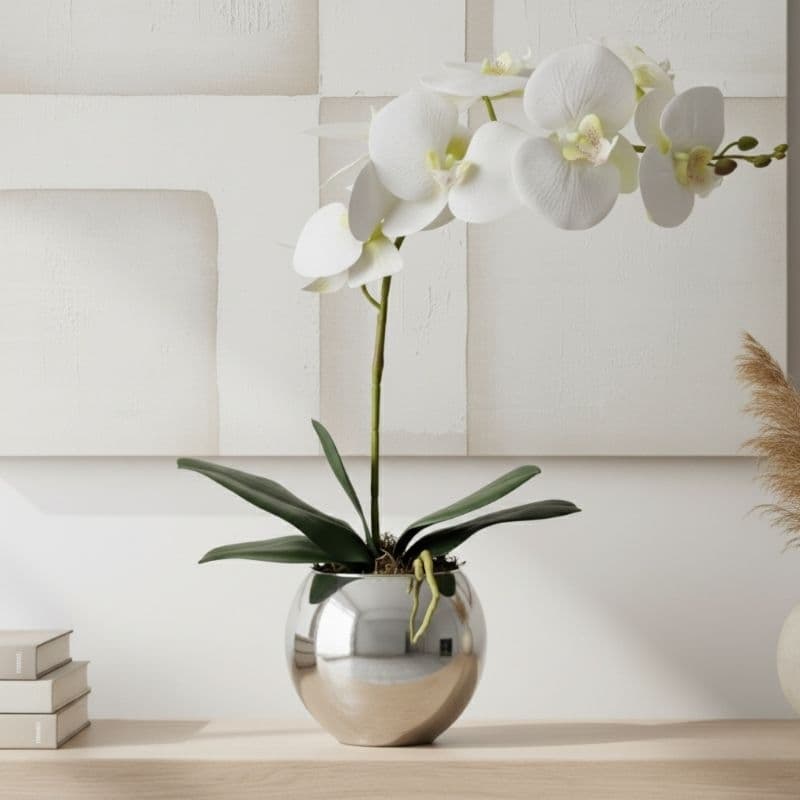 Arranjo Orquídea Flor Artificial Silicone 3D Vaso Prata Esp