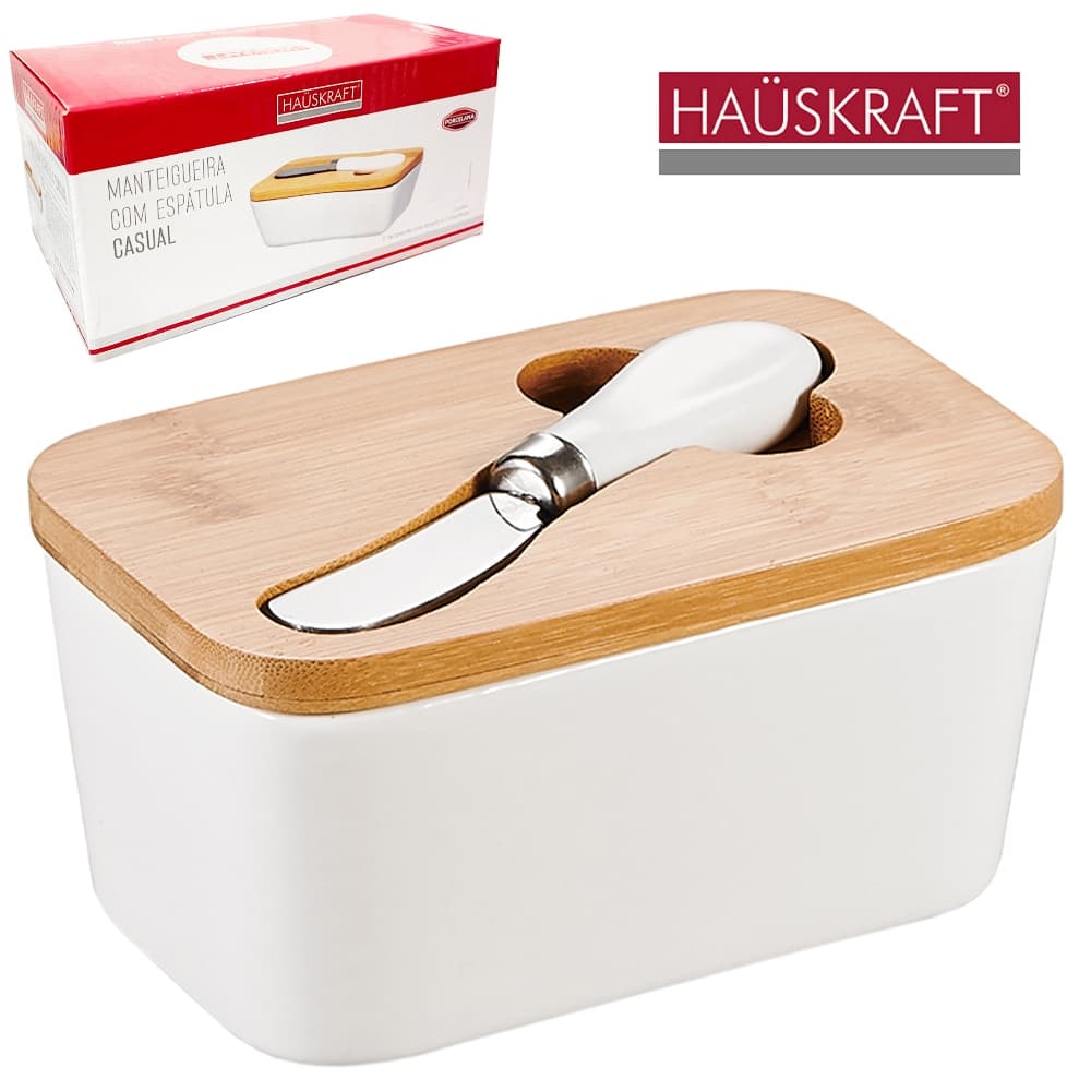 MANTEIGUEIRA DE PORCELANA COM ESPATULA E TAMPA DE BAMBU CASUAL HAUSKRAFT 400ML 15X8,5X7CM