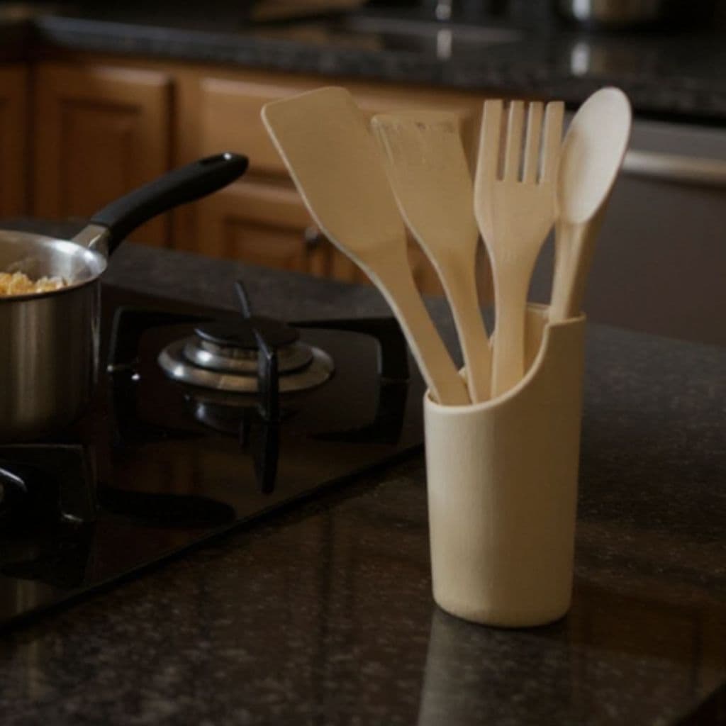 Kit Utensílios de Cozinha em Bambu 5 Peças - Com Cepo Organizador Colher Espátula Garfo
