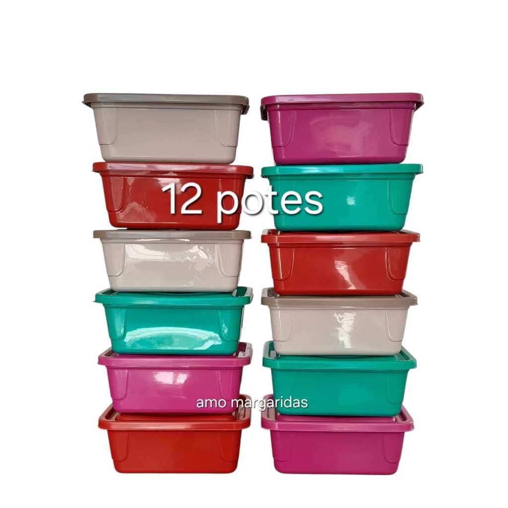 Kit Conjunto Jogo 12 Potes Plastico Marmita Fitnes Retangular Saladeira Sobremesa Casa Cozinha Guarda Alimentos 750 Ml.