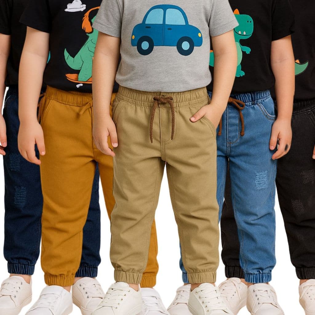 Calça Infantil Menino Brim e Jeans Jogger  Com Elástico na Cintura e PunhoTamanho 1 a 8 anos