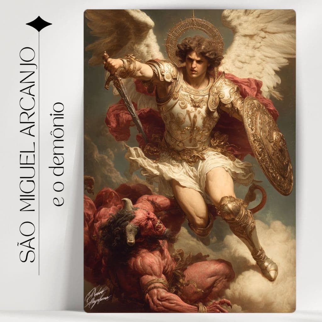 Quadro Decorativo São Miguel Arcanjo e o Demônio - Católico - Já com Fita Adesiva para Pendurar - Envio Imediato