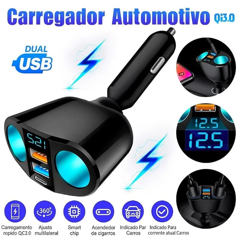 Carregador Veicular Turbo 120W Rápido USB + Tipo-C Display LED Digital