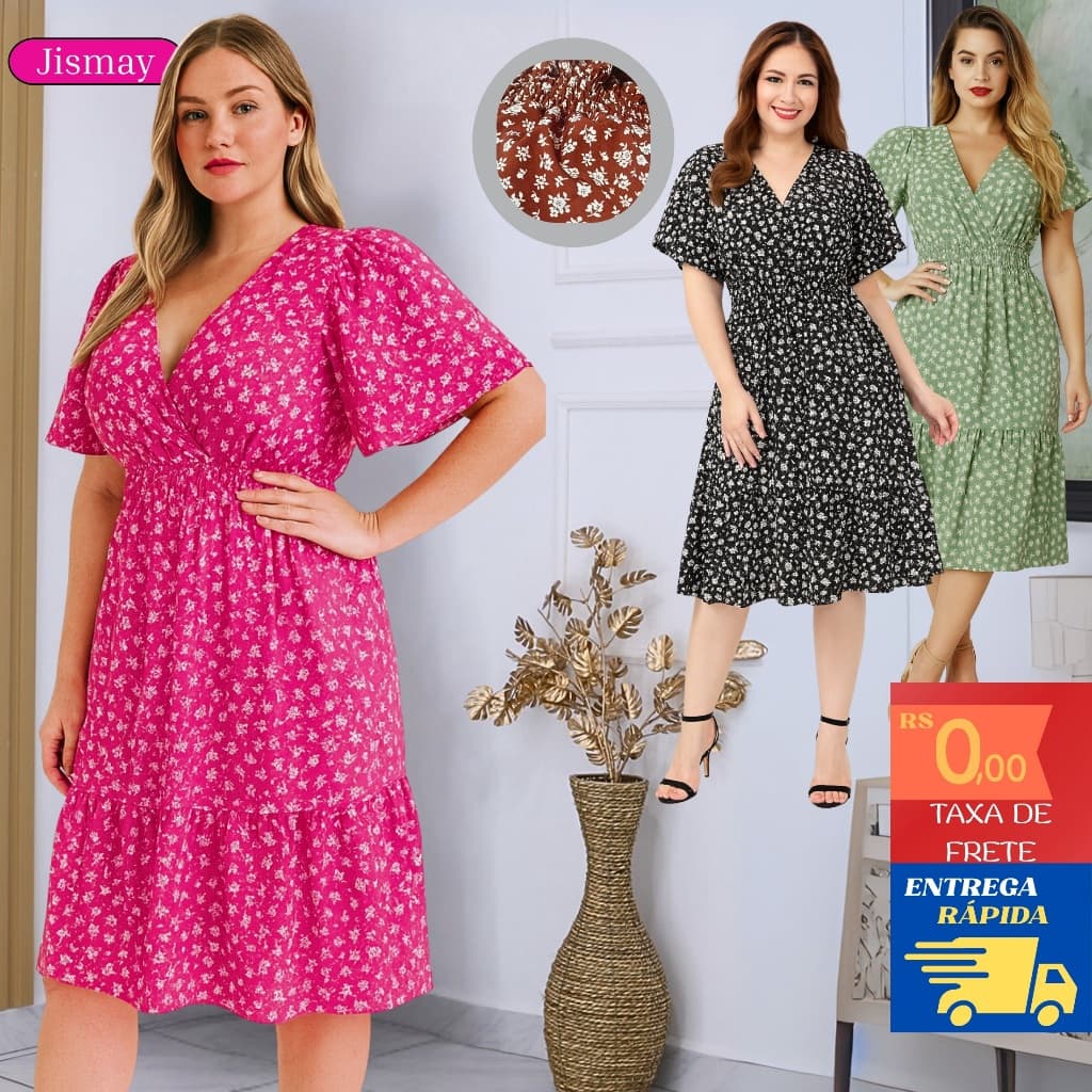 Vestido Mídi Feminino Floral  Manga FlareTendencia  Estampado plus size M GG G2