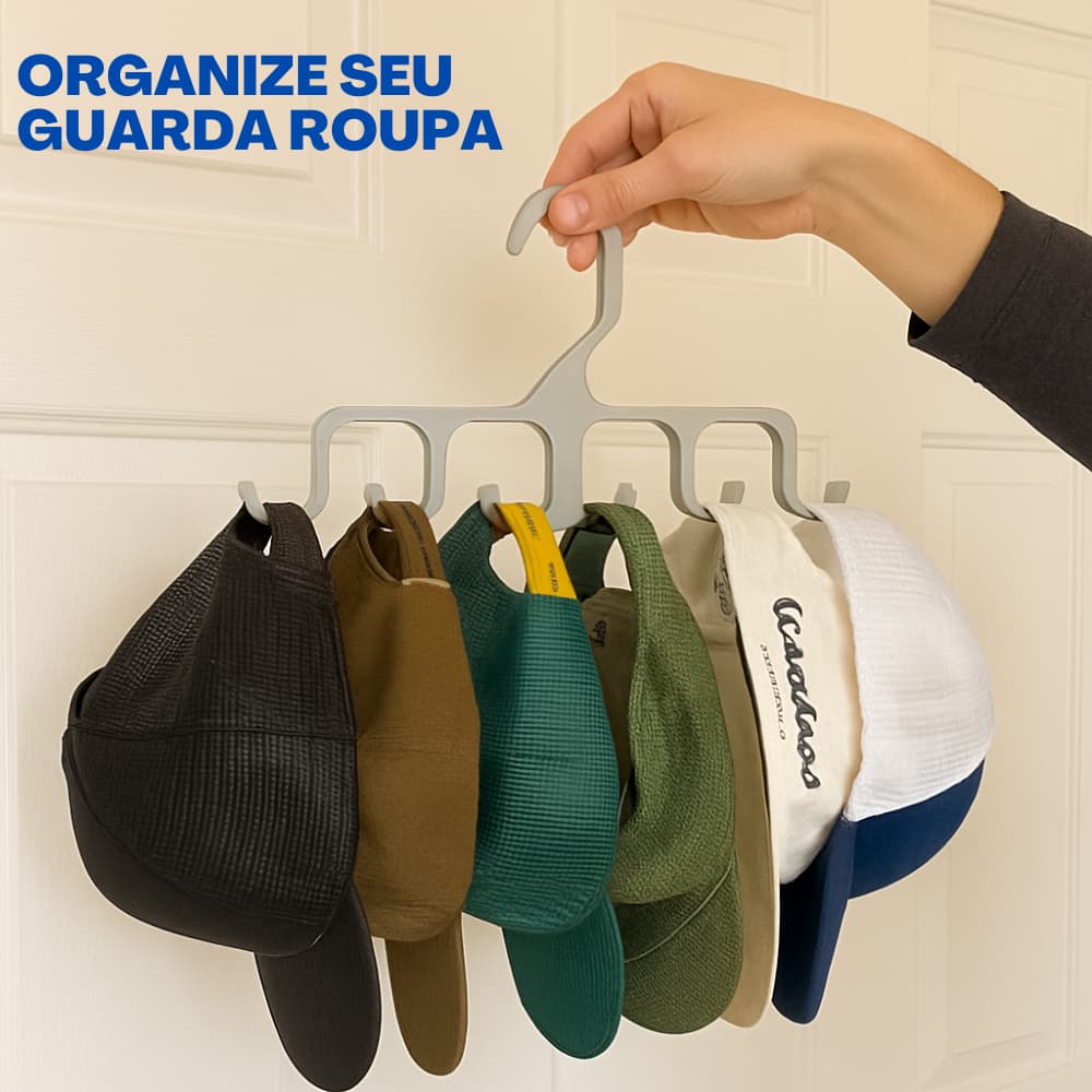 Cabide Organizador de Bonés e Chapéus – Suporte Multifuncional para Guarda-Roupa, Closet e Armário