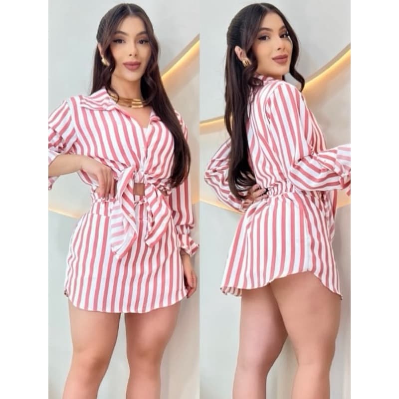 Conjunto Camisa Chemise e Saia Feminino Listrado Moda feminina Verão