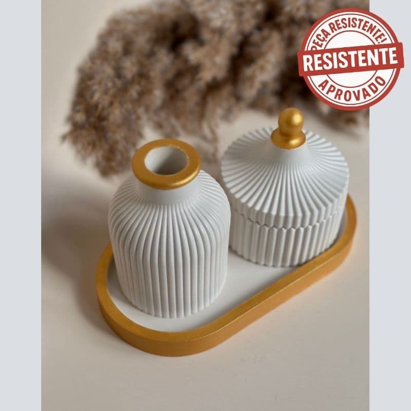 Kit Bruma Dourada Bandeja em gesso decorativo para decorar bandeja porta joias em gesso resistente