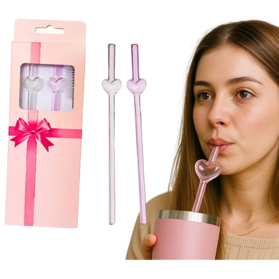 Kit 2 Canudos Luxo Rosa De Vidro Coração Love + 1 Escova Para Limpeza- Reutilizável e Sofisticados-20cm