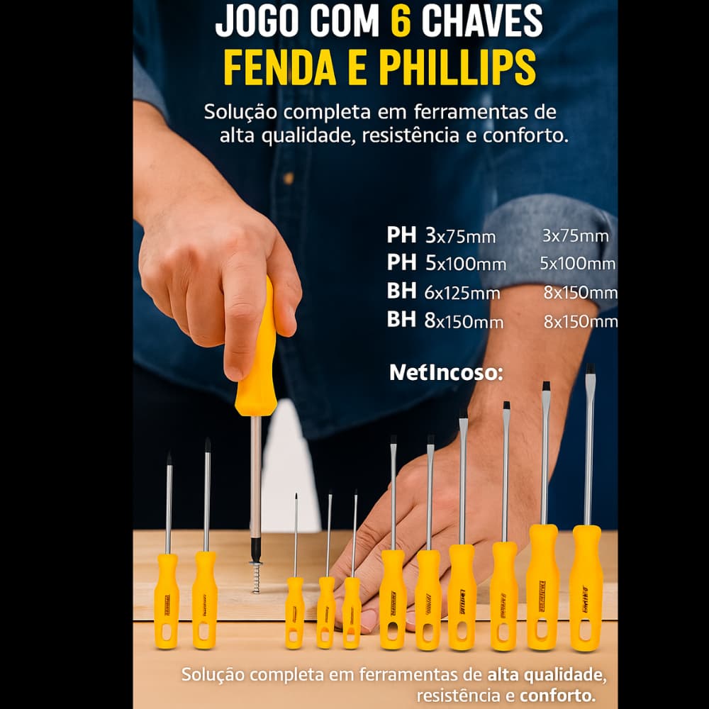 Jogo com 6 Chaves Fenda e Phillips Cabo Amarelo Ergonômico Aço Carbono Durável