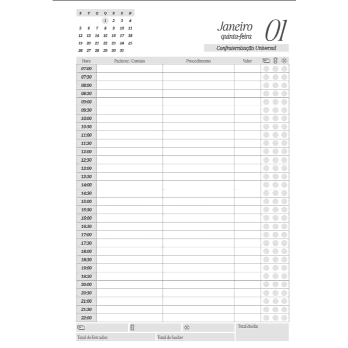 Refil / Miolo Impresso A5 para Agendamentos de Pacientes 2026 (agendamento de horários) - 30 em 30 minutos