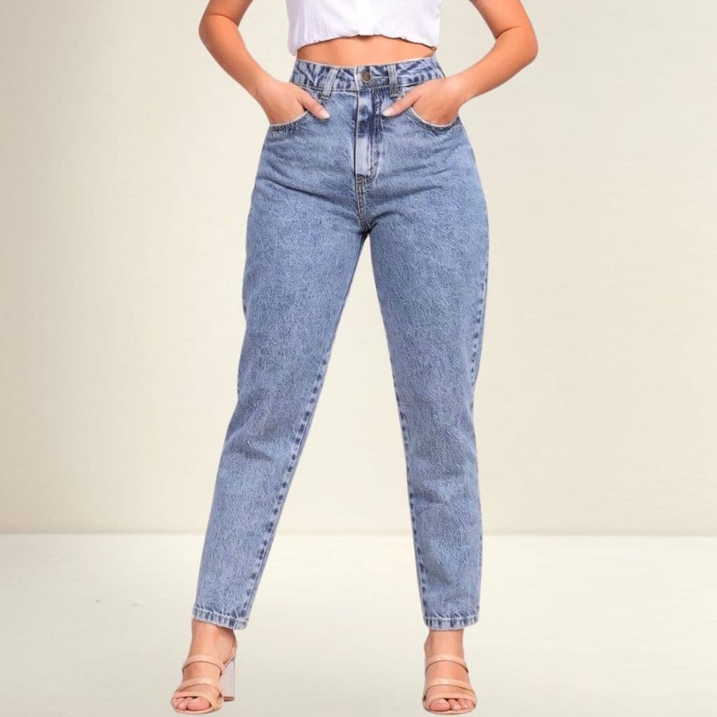 Calça Mom Jeans Cintura Alta Feminina Levanta bumbum 100% Algodão Marmorizada Premium