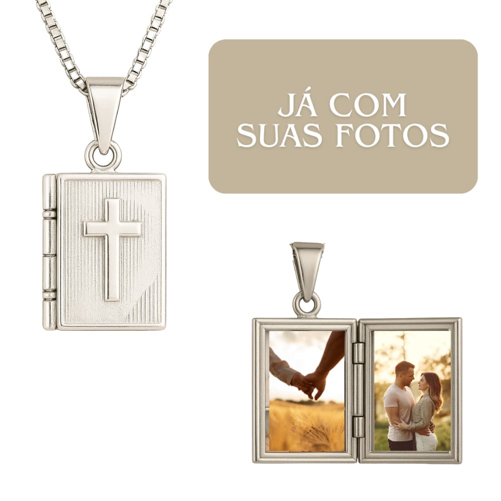 Colar Relicário Masculino Bíblia Sagrada com Cruz – Pingente Personalizado Já com Suas Fotos