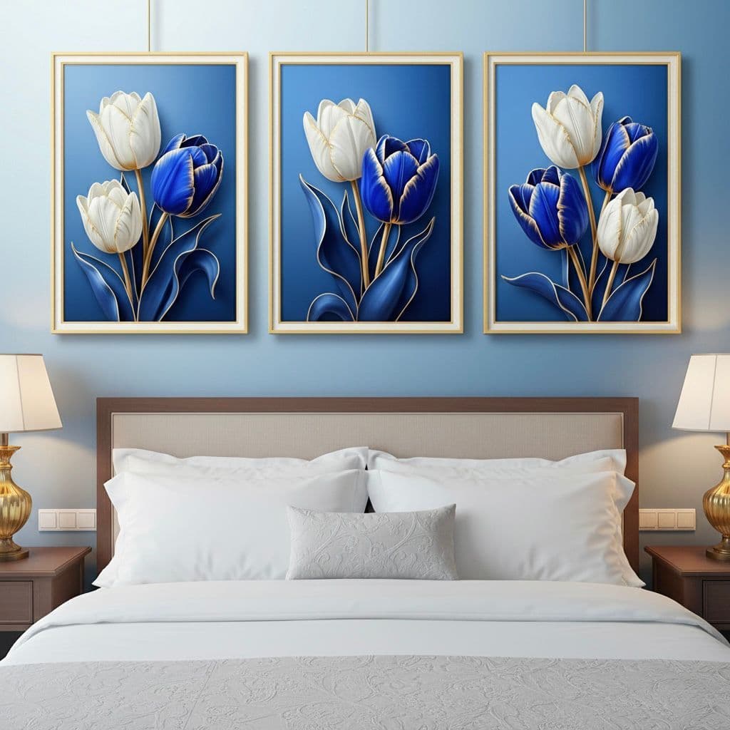 Quadro Decorativo 3 Peças Tulipas Azuis e Brancas de Luxo Moderno para Sala e Quarto