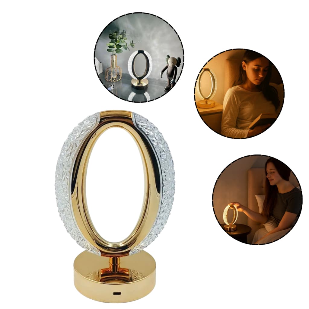 Luminária Abajur Oval de Cristal Luxuoso Dourado Led Moderno 3 Tons de Luz via USB Bivolt Decoração