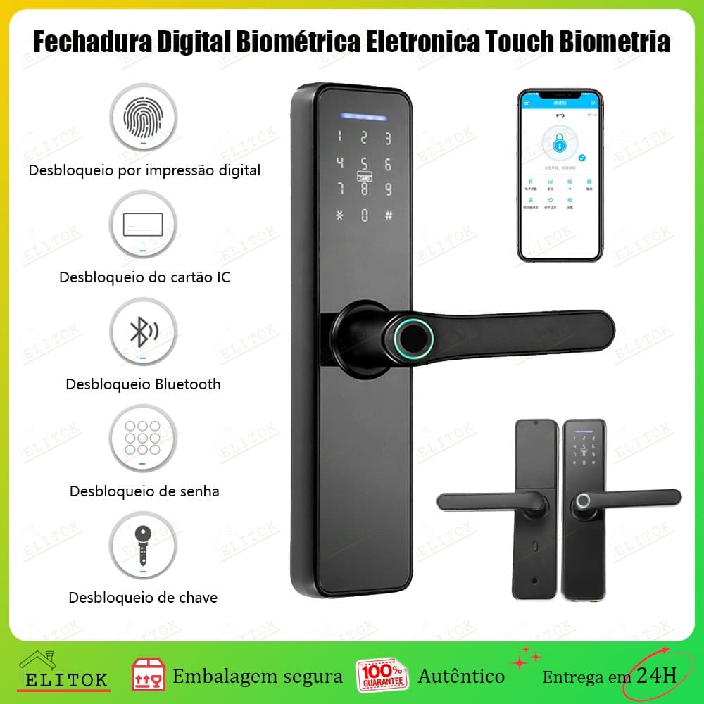 Fechadura Digital Biométrica Eletronica Touch Biometria Com Biometria, Bluetooth, Senha Touch, Chave e Tag