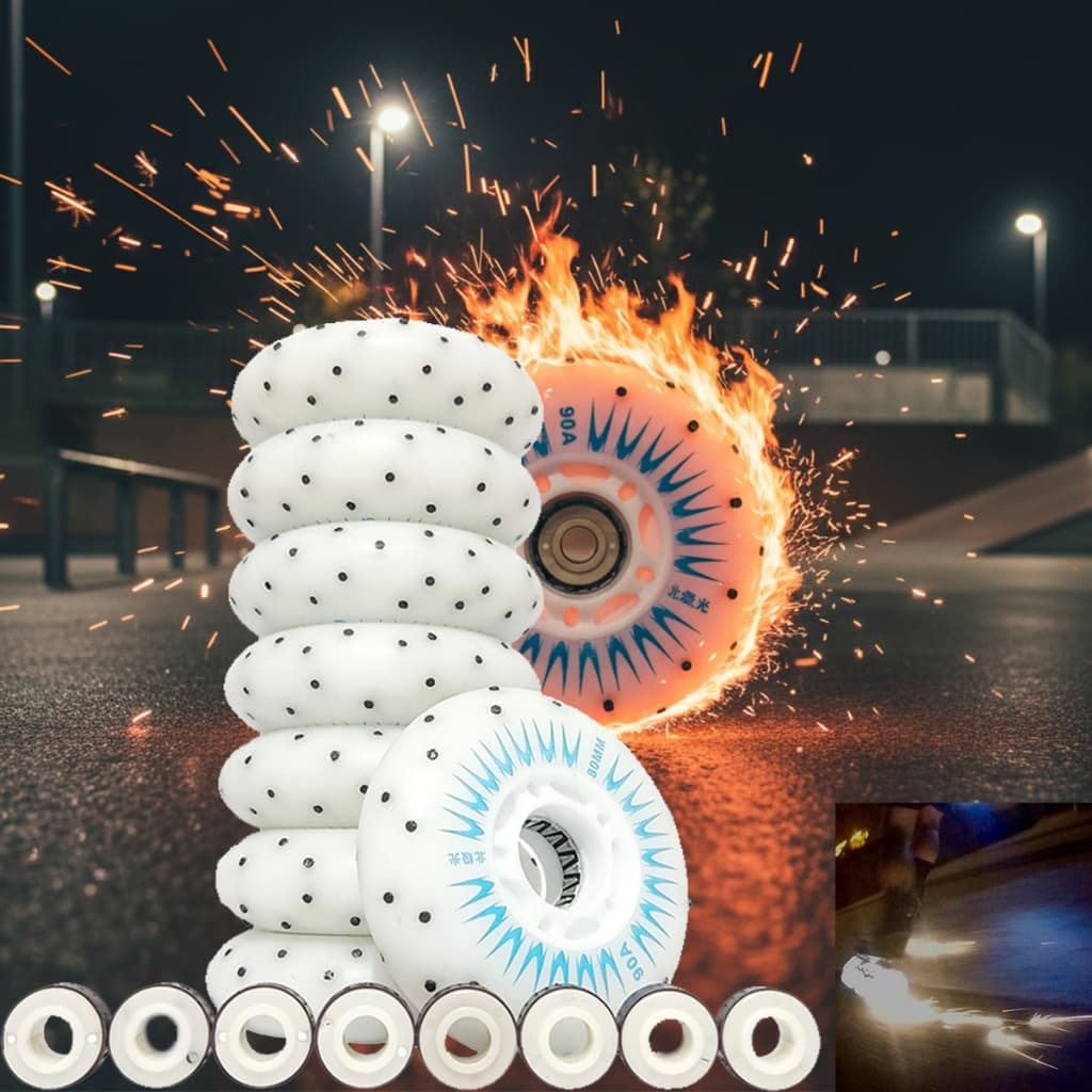 Roda de Patins 80mm 90A de Led + Faísca Fire | Jogo com 8 Und. + Espaçadores Magnéticos |CBM Shops