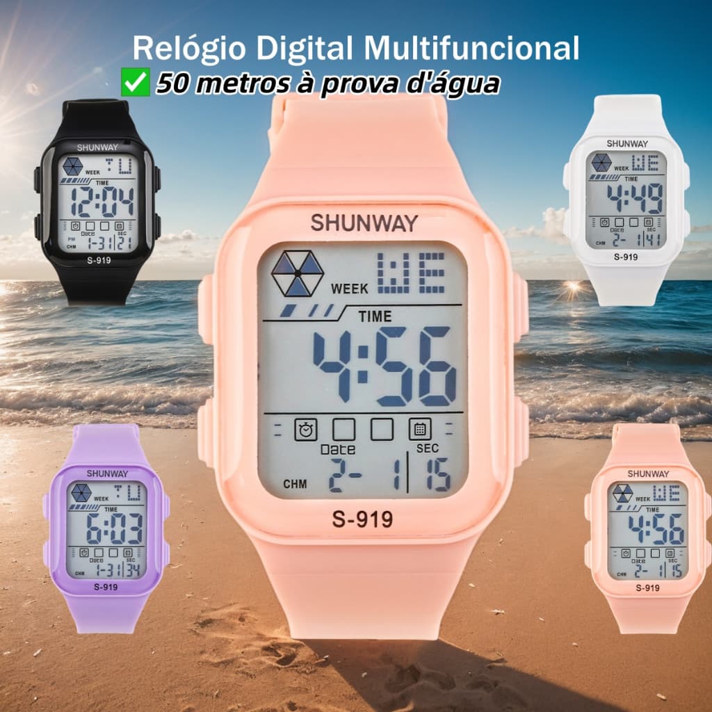Relogio Feminino Digital LED à Prova D'água 50m Alarme Cronômetro Calendário Autonomia De Até 4 Anos