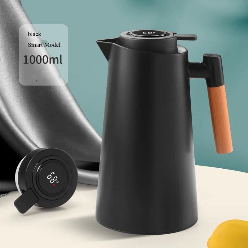 GARRAFA TÉRMICA 1L COM TERMÔMETRO DIGITAL E CABO DE MADEIRA – MANTÉM BEBIDAS QUENTES E FRIAS ATÉ 24H