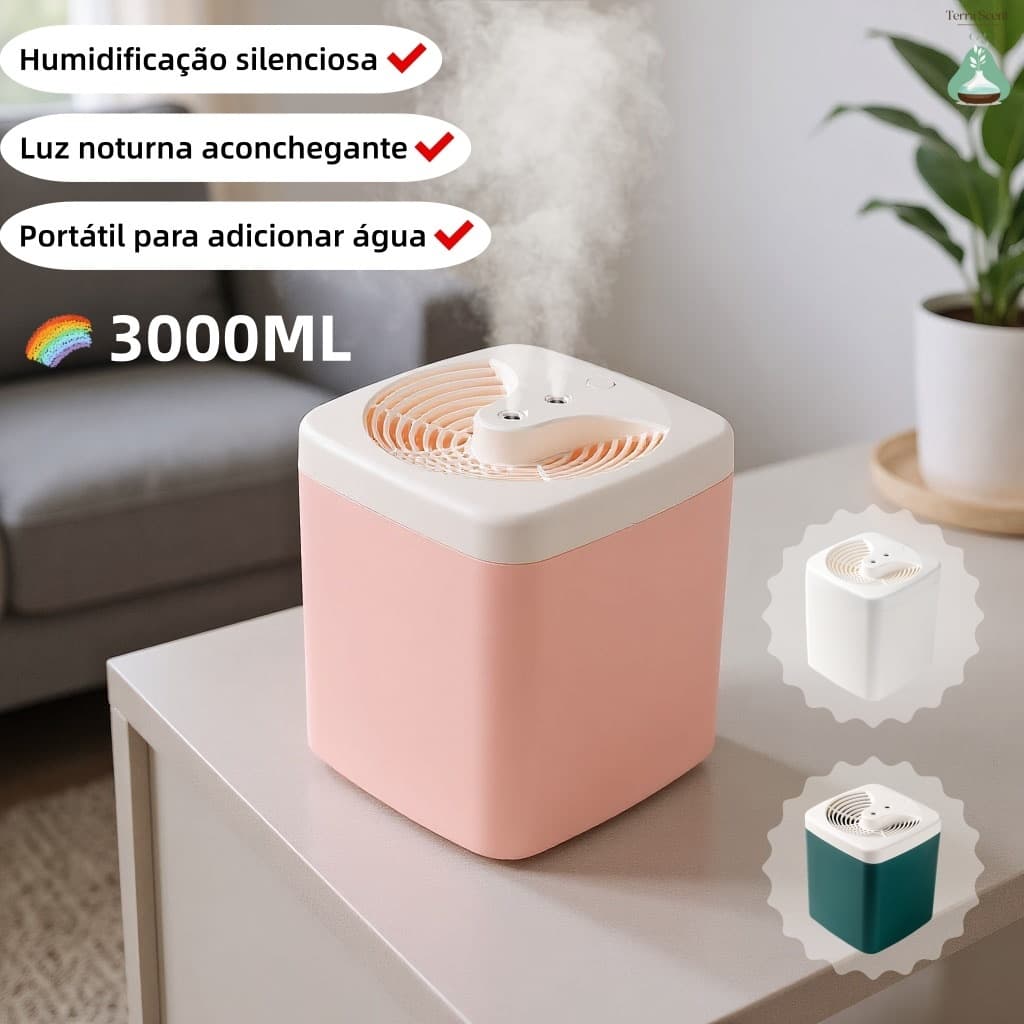Grande Umidificador 3 Litros Com Saída Dupla Luzes LED's Coloridas Silencioso e Neblinas Controláveis 3000ML