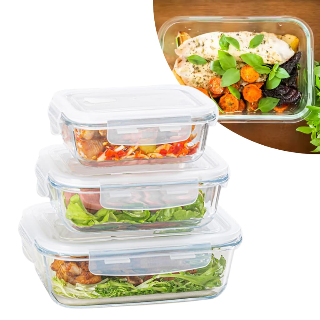 Kit Conjunto 3 Potes Herméticos 5 Travas De Vidro 1040ml 640ml 370ml Fitness Marmita Vedação