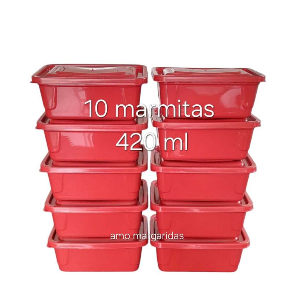 Kit Conjunto Jogo 10 Potes Plastico Marmita Fitnes Retangular Saladeira Sobremesa Casa Cozinha Guarda alimentos 420 Ml.