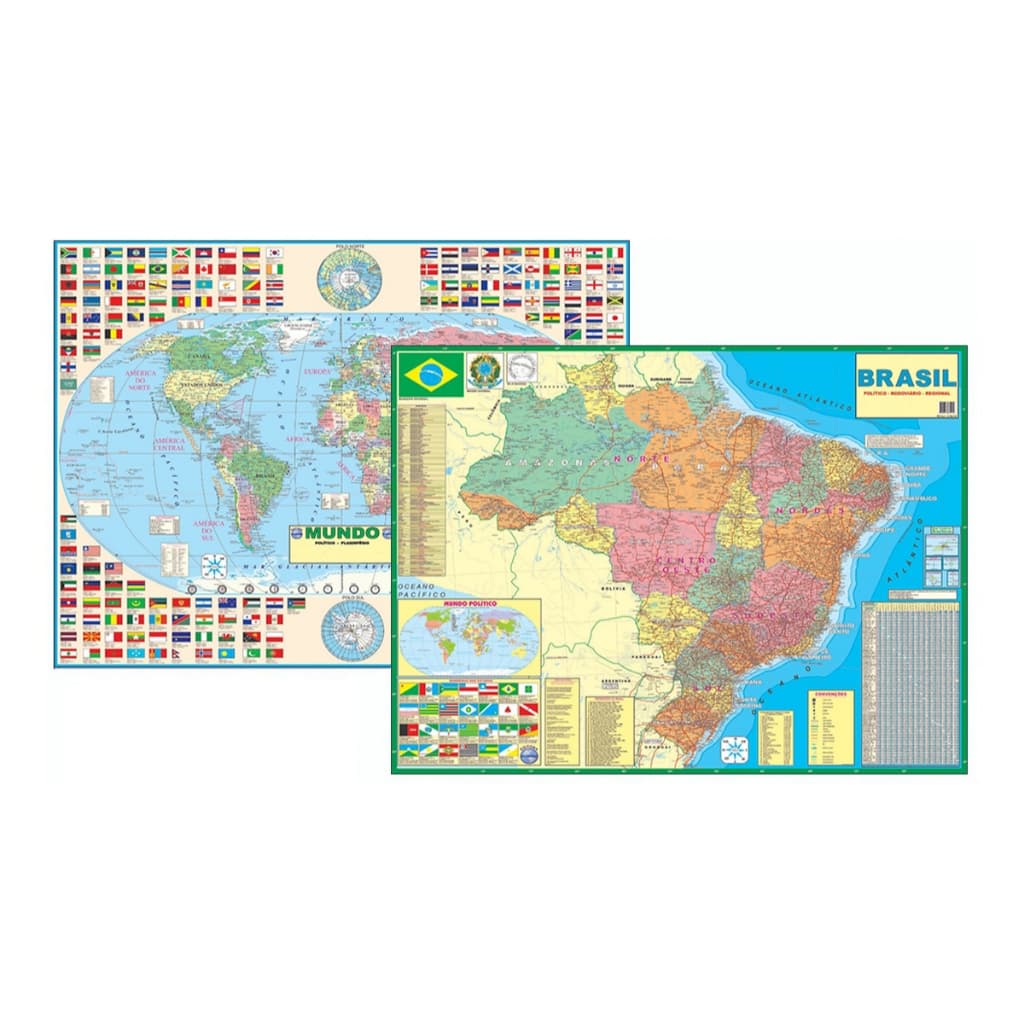 (EDIÇÃO 2026) Kit com 2 Mapas - Mundi + Brasil Político Rodoviário 120 X 90 Cm Atualizado