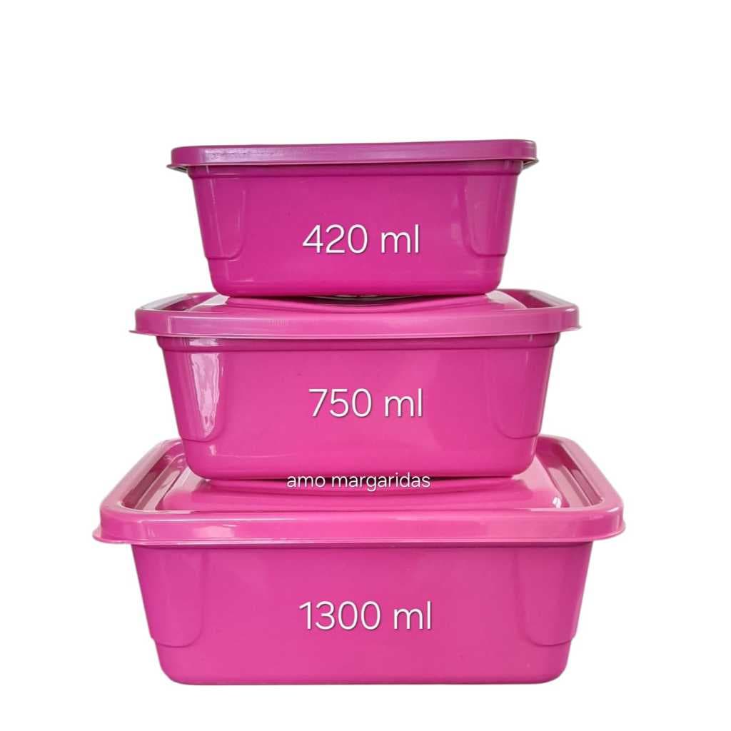 Kit Conjunto Jogo 3 Potes Grandes Plastico Marmita Fitnes Retangular Saladeira Sobremesa Casa Cozinha Guarda Alimentos