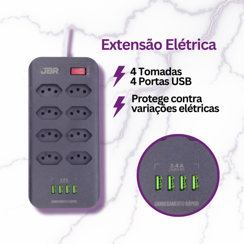 Extensor de Energia 8 Tomadas + 4 USB 110/220V Bivolt – Alta Capacidade