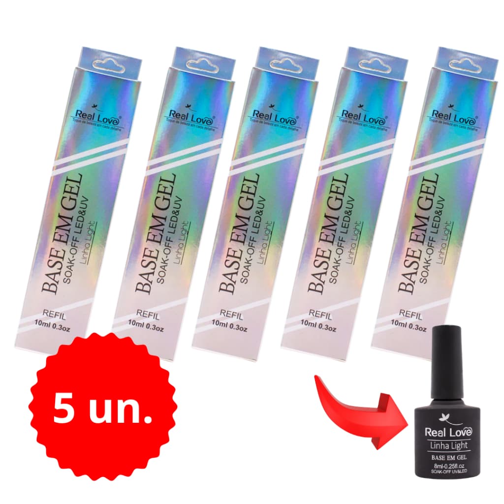 Kit 5 Unidades Refil Base em Gel 10ml Real Love Linha Light Preparador Capa Base