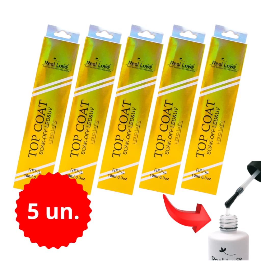 Kit 5 Unidades Refil Top Coat 10ml Real Love Linha Light Finalizador Alto Brilho Unhas Gel