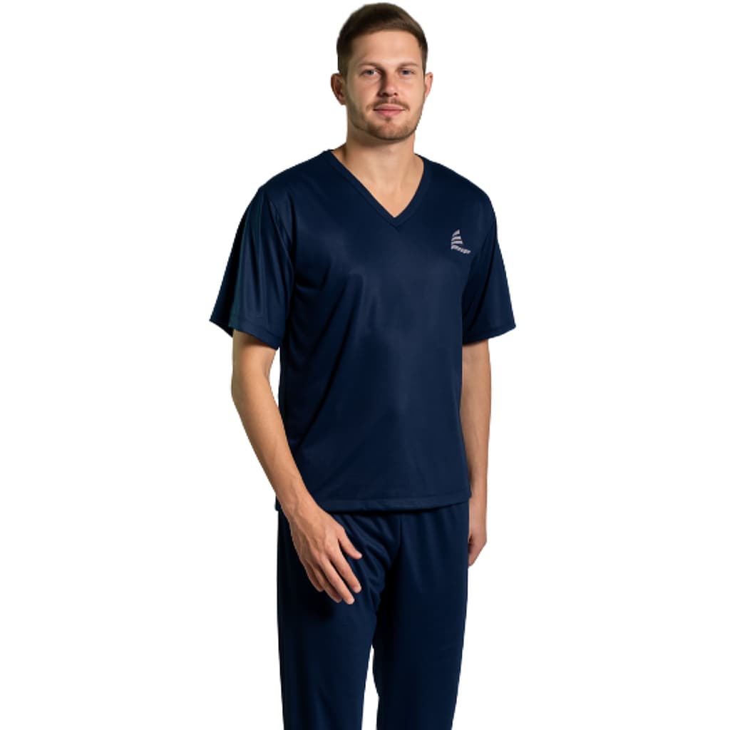 Pijama Masculino Plus Size Calça Comprida Manga Curta Adulto Decote V Conjunto Conforto Malha Tecido Liso Com Bordado