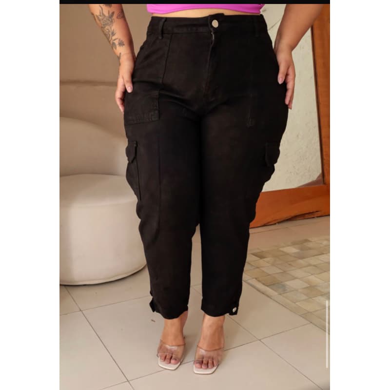 Calça Jeans Mom Cargo Plus Size Cintura Alta Sem Elastano Com Bolso Lateral Roupas Pra Gordinha