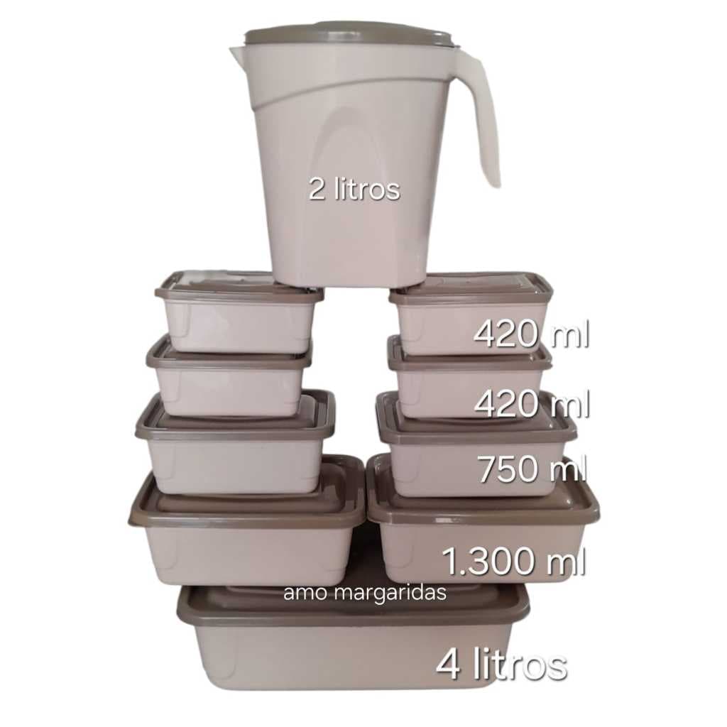 Kit 10 Peças Potes Plastico Conjunto Jogo Marmita Retangular Suco Saladeira Sobremesa Casa Cozinha Alimentos