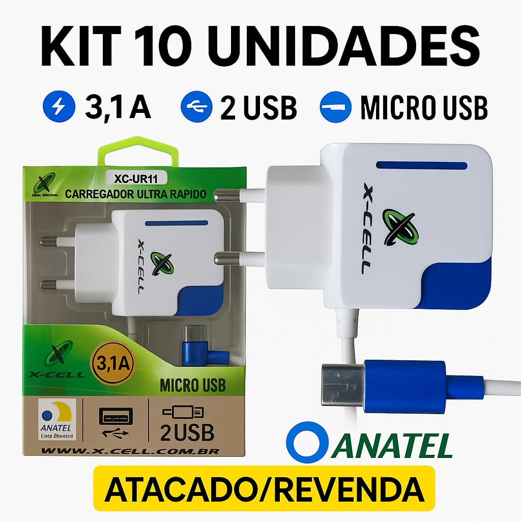 Kit 10 Carregadores Micro Usb V8 Cabo Embutido + 2 Usb 3.1a Atacado Revenda Barato