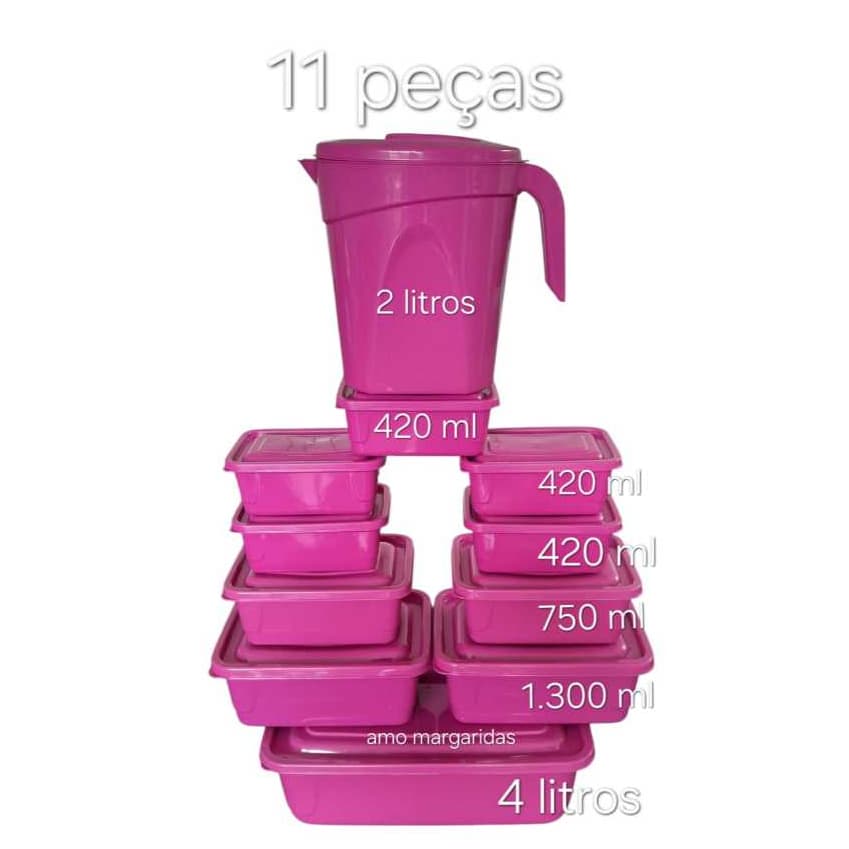 Kit 11 Peças Potes Plastico Conjunto Jogo Marmita Retangular Suco Saladeira Sobremesa Casa Cozinha Alimentos