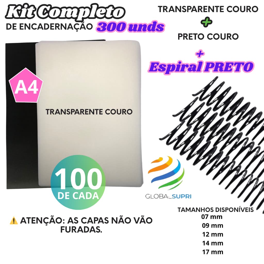Kit p/ Encadernação 300 un | 100 Capas A4 TRANSPARENTE COURO + 100 A4 PRETO COURO + 100 Espirais PVC - PRETO