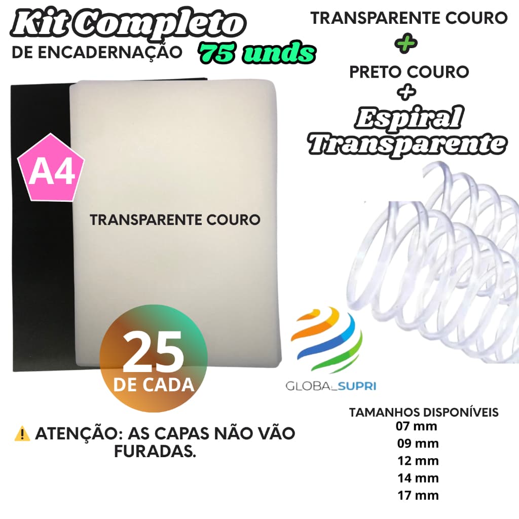 Kit p/ Encadernação 75 un | 25 Capas A4 TRANSPARENTE COURO + 25 A4 PRETO COURO + 25 Espirais - TRANSPARENTE