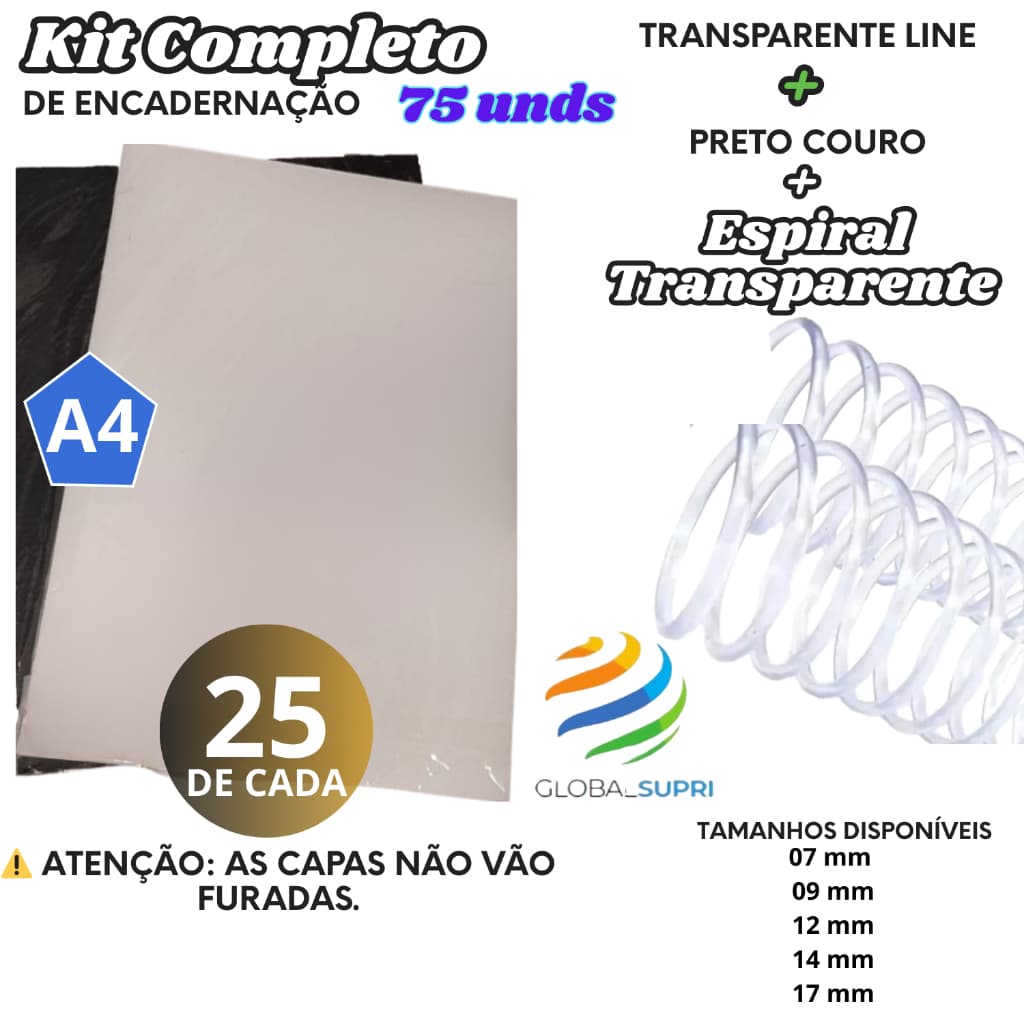 Kit p/ Encadernação 75 un | 25 Capas A4 TRANSPARENTE LINE + 25 A4 PRETO COURO + 25 Espirais - TRANSPARENTE