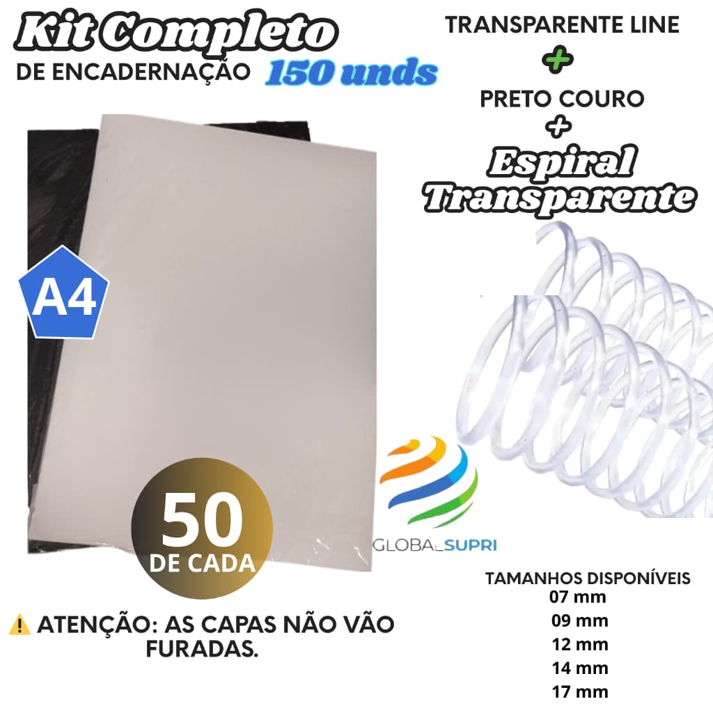 Kit p/ Encadernação 150 un | 50 Capas A4 TRANSPARENTE LINE + 50 A4 PRETO COURO + 50 Espirais - TRANSPARENTE