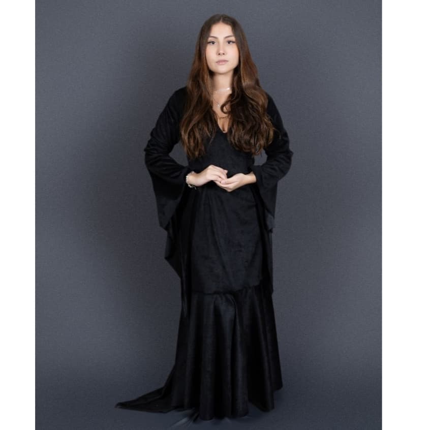 Fantasia Mortícia Addams Feminina Adulto Vestido Preto Longo Halloween Cosplay