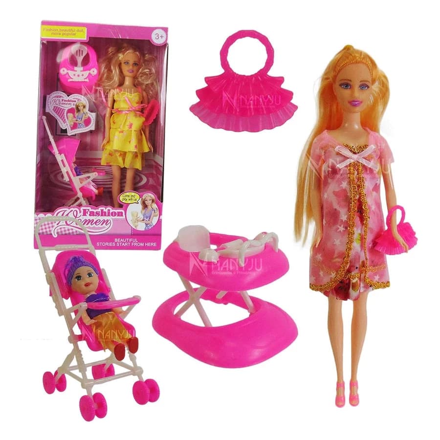 Boneca Grávida com Bebê e Acessórios Carrinho Andador e Bolsa Kit Completo Brinquedo Educativo 3+