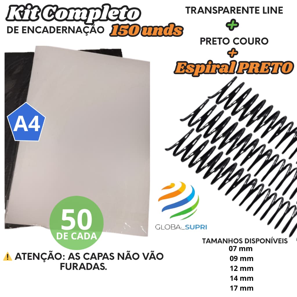 Kit p/ Encadernação 150 un | 50 Capas A4 TRANSPARENTE LINE + 50 A4 PRETO COURO + 50 Espirais PRETO