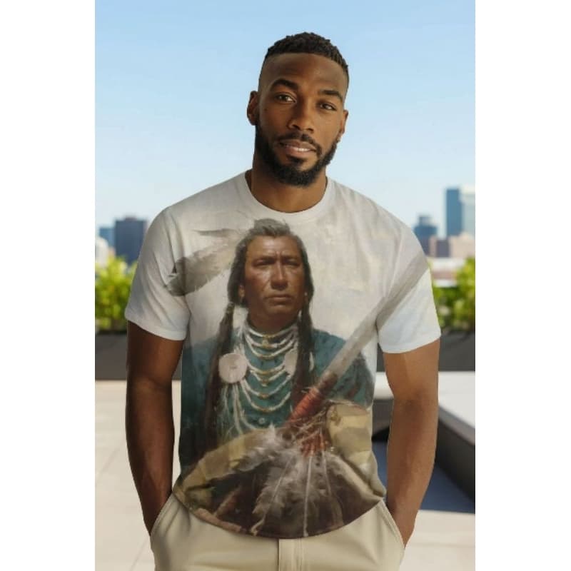 Camiseta Unissex Estampa Indio Norte Americano Moda  Verao Cor Bege XL